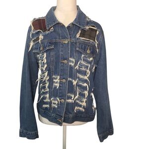 Furst of a Kind Deeply Distressed Destroyed Plaid Underlay OS/Large Denim Jacket